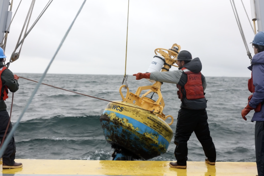 Three people wearing rubber boots, chest waders, and protective gear, haul a large yellow and white passive acoustic recorder out of the ocean at the end of a large boat.