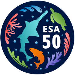 Dark blue circular graphic with the words ESA 50 and colorful silhouettes of corals, a sawfish, a sea turtle, and a salmon.