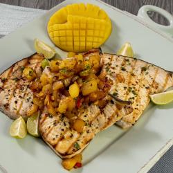 Grilled swordfish with mango chutney.